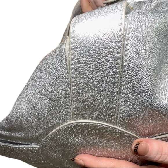 Jimmy Choo Mahala Tote Metallic Silver Leather Gold Hardware Shoulder Bags